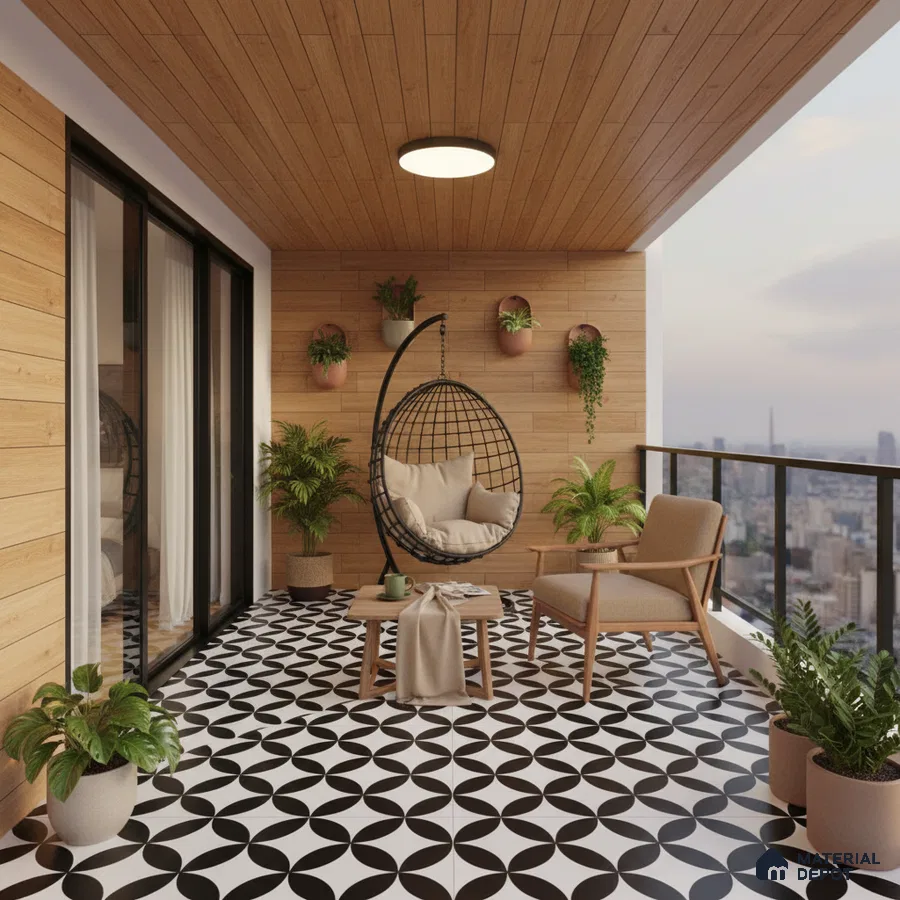Scandinavian balcony with wood wall panels and black-and-white geometric floor tiles