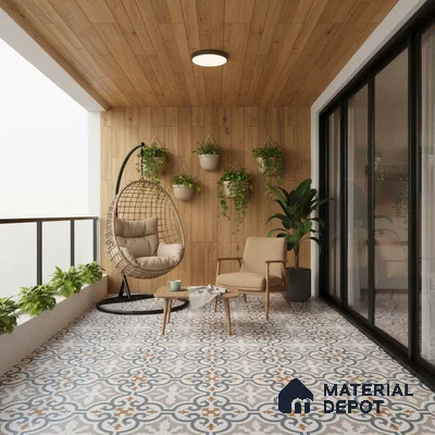 Scandinavian balcony with wood wall panels and patterned moroccan floor tiles