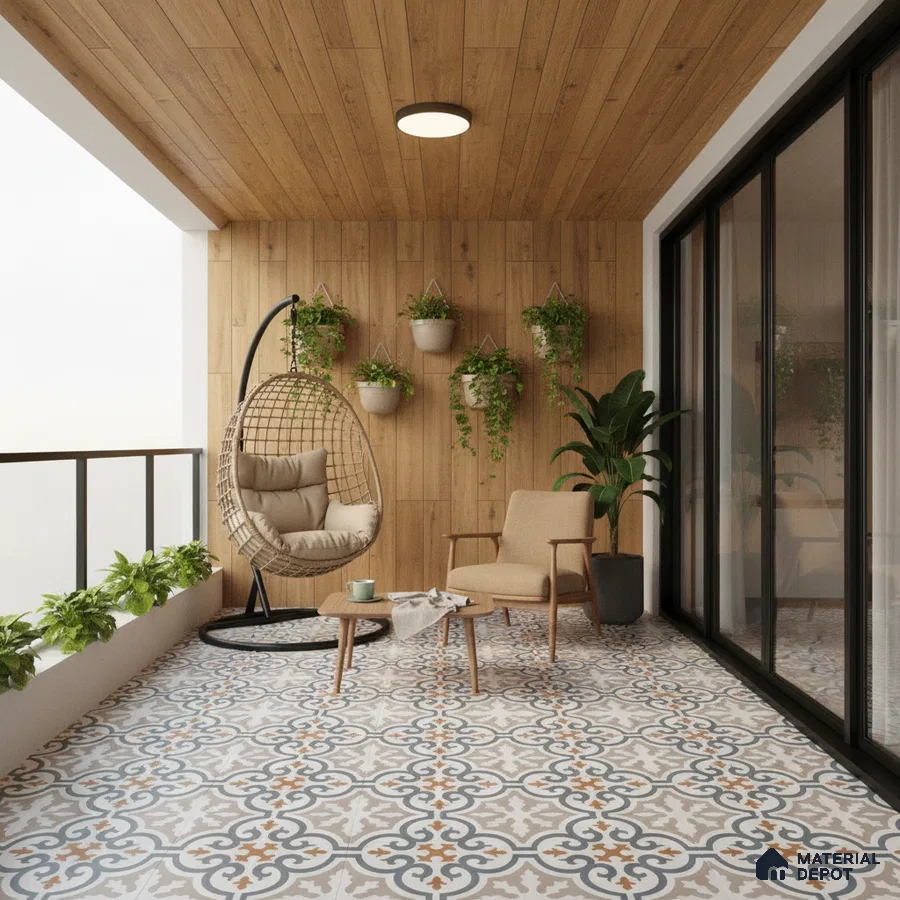 Scandinavian balcony with wood wall panels and patterned moroccan floor tiles