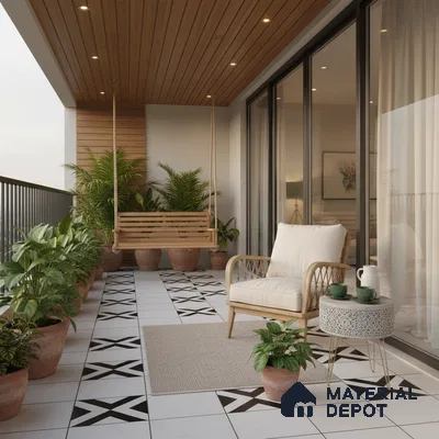 Scandinavian balcony with wooden ceiling, geometric patterned floor tiles, and natural rattan furniture