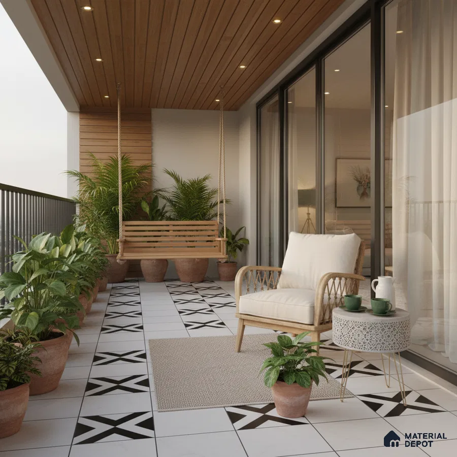 Scandinavian balcony with wooden ceiling, geometric patterned floor tiles, and natural rattan furniture
