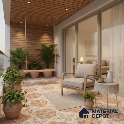 Scandinavian balcony with wooden ceiling louvers and patterned floor tiles