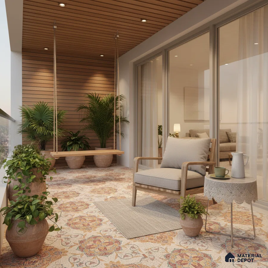 Scandinavian balcony with wooden ceiling louvers and patterned floor tiles
