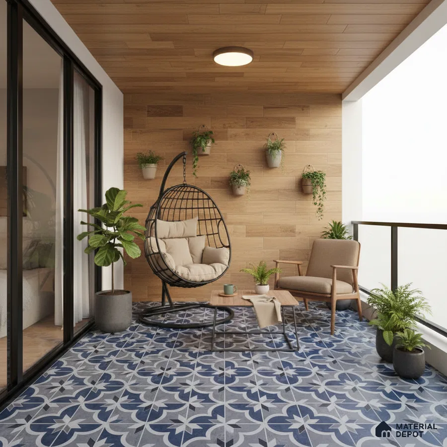 Scandinavian balcony with wood-look wall panels and blue geometric patterned floor tiles