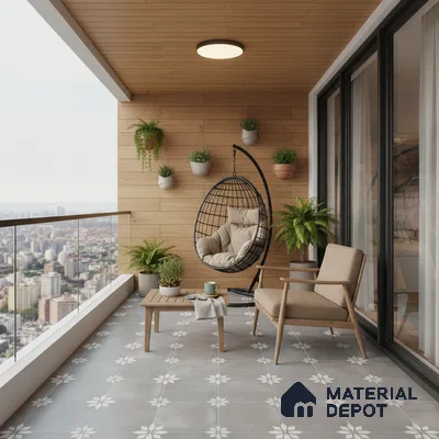 Scandinavian balcony with wood-look wall panels and grey floral patterned floor tiles