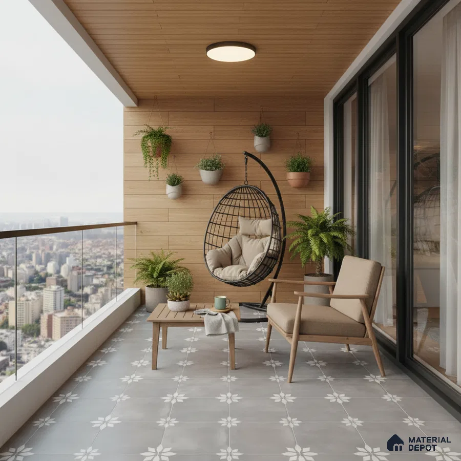 Scandinavian balcony with wood-look wall panels and grey floral patterned floor tiles