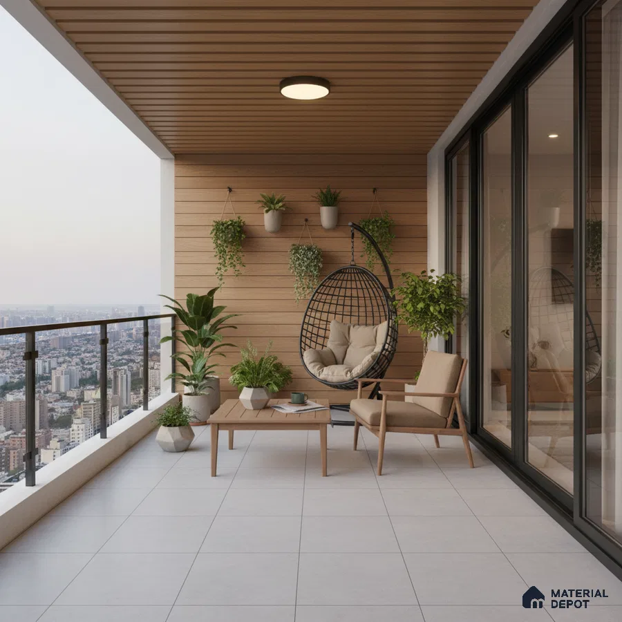 Scandinavian balcony with wood-look wall panels and light grey floor tiles