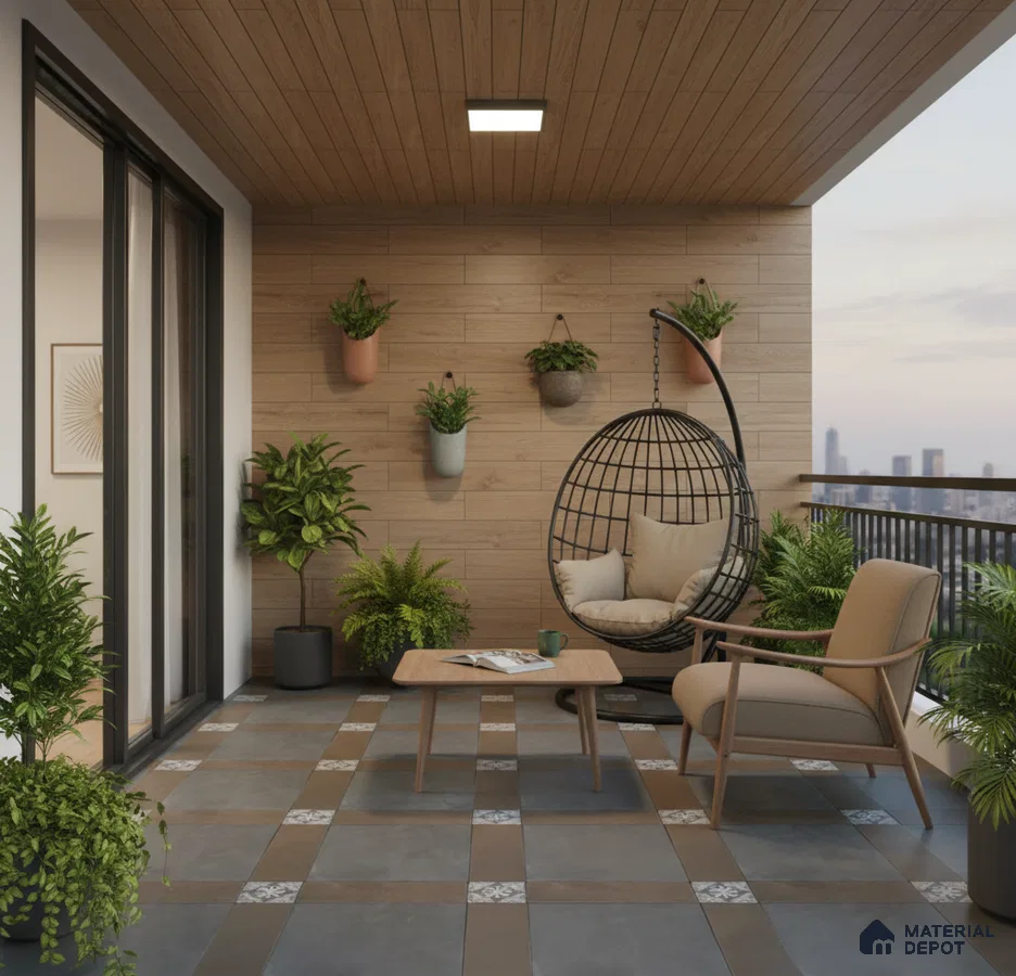 Scandinavian balcony with wood-look wall panels and patterned checkerboard floor tiles
