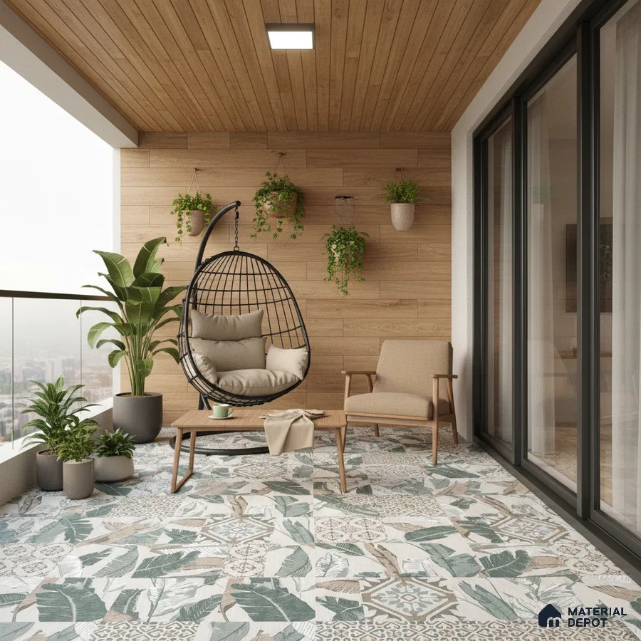 Scandinavian balcony with wood-look wall panels and patterned tropical floor tiles