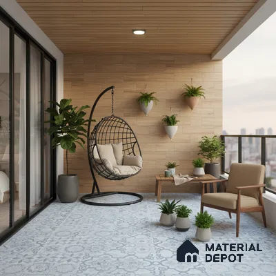 Scandinavian balcony with wood-look wall tiles and patterned blue and white floor tiles