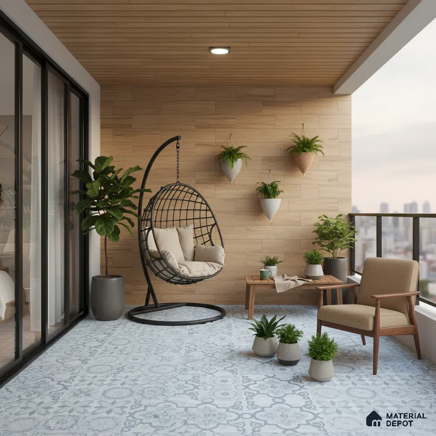 Scandinavian balcony with wood-look wall tiles and patterned blue and white floor tiles