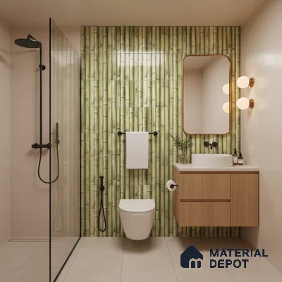Scandinavian bathroom with bamboo-look subway wall tiles and light wood floating vanity | Material Depot