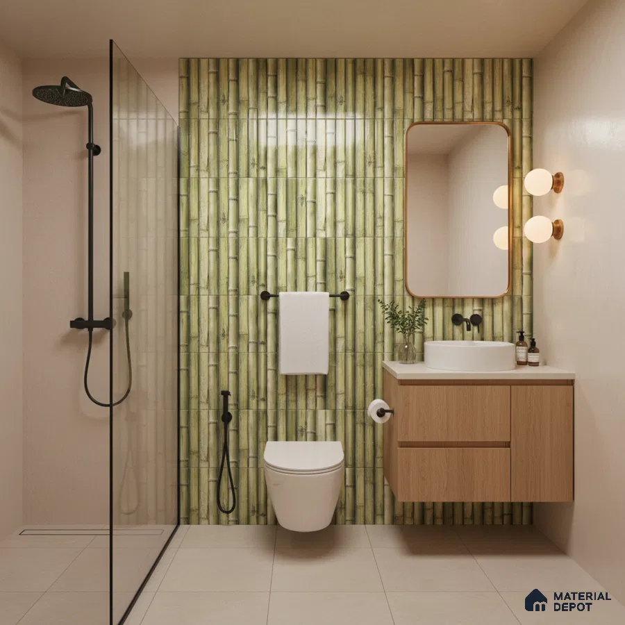 Scandinavian bathroom with bamboo-look subway wall tiles and light wood floating vanity | Material Depot