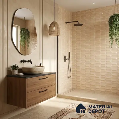 Scandinavian bathroom with beige 3D subway wall tiles, wooden floating vanity, and stone countertop