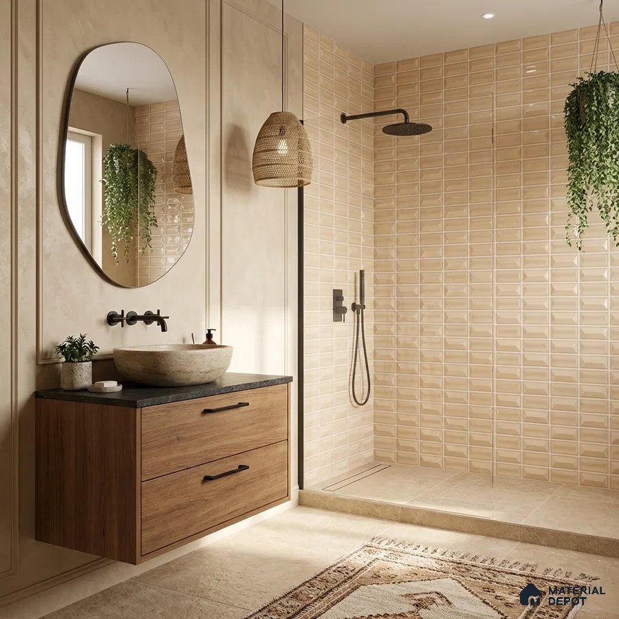 Scandinavian bathroom with beige 3D subway wall tiles, wooden floating vanity, and stone countertop