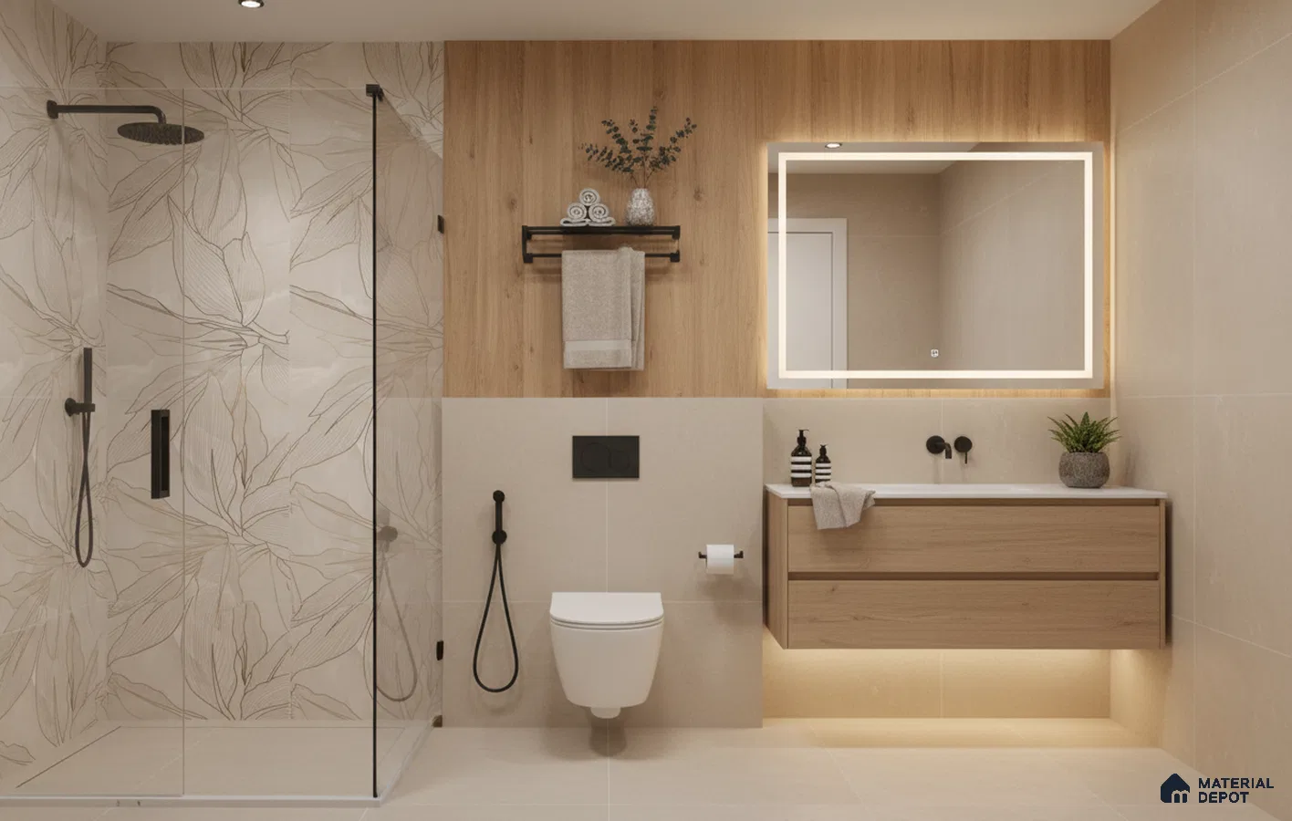 Scandinavian bathroom design with beige floral wall tiles, light oak wood laminate vanity, and matte beige floor tiles in Bengaluru | Material Depot