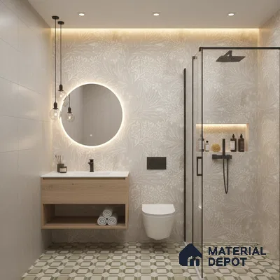 Scandinavian bathroom design with beige floral wall tiles, oak wood vanity, and green geometric patterned floor tiles in Bengaluru | Material Depot