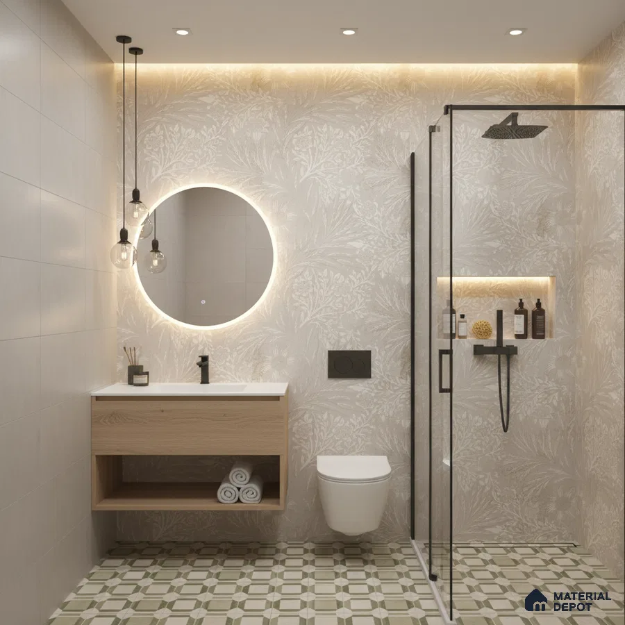 Scandinavian bathroom design with beige floral wall tiles, oak wood vanity, and green geometric patterned floor tiles in Bengaluru | Material Depot
