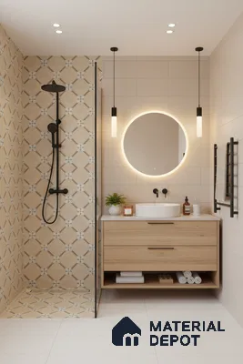 Scandinavian bathroom with beige geometric patterned shower tiles, light wood vanity, and matte white wall tiles in Bengaluru | Material Depot