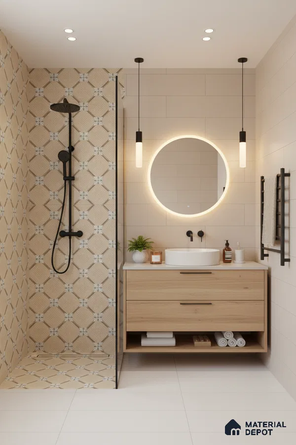 Scandinavian bathroom with beige geometric patterned shower tiles, light wood vanity, and matte white wall tiles in Bengaluru | Material Depot