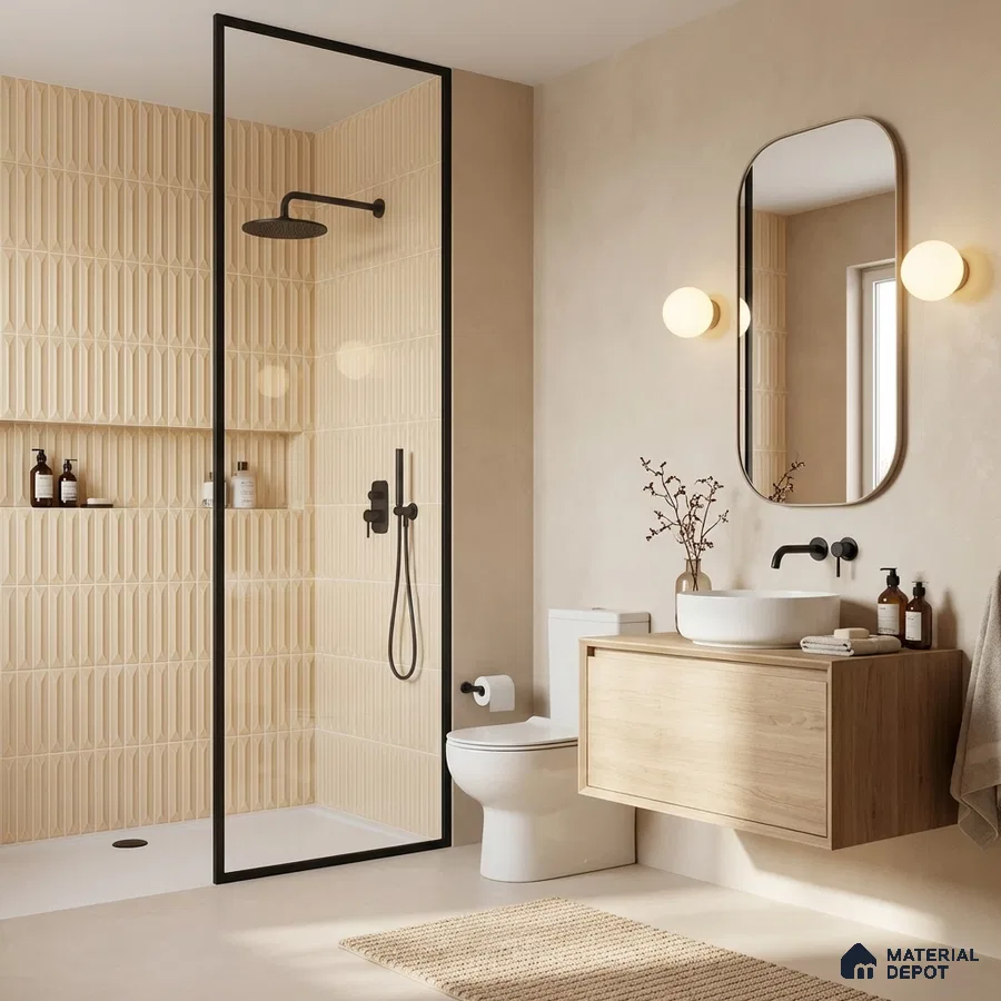 Scandinavian bathroom with beige geometric wall tiles and light oak floating vanity