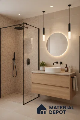 Scandinavian bathroom with beige geometric wall tiles and light oak wood vanity in Bengaluru | Material Depot