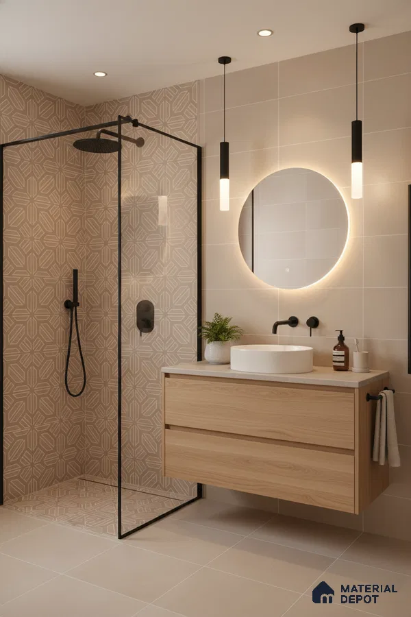 Scandinavian bathroom with beige geometric wall tiles and light oak wood vanity in Bengaluru | Material Depot