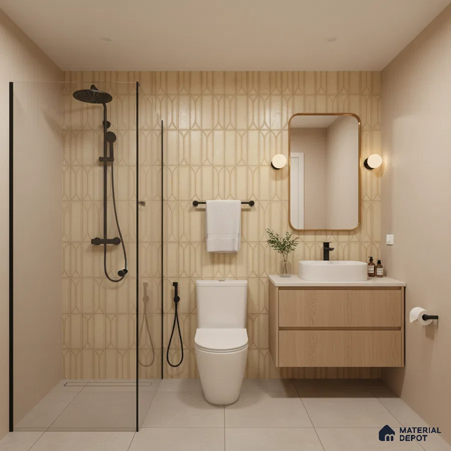 Scandinavian bathroom with beige geometric wall tiles, light wood vanity, and matte black fixtures | Material Depot