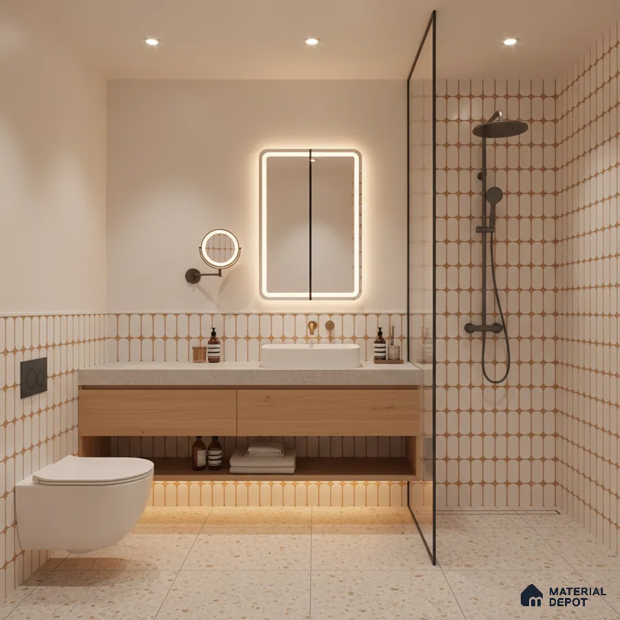 Scandinavian bathroom with beige geometric wall tiles, terrazzo floor tiles, and light oak vanity | Material Depot