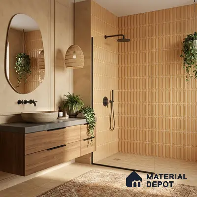 Scandinavian bathroom with beige geometric wall tiles, walnut wood vanity, and stone countertop