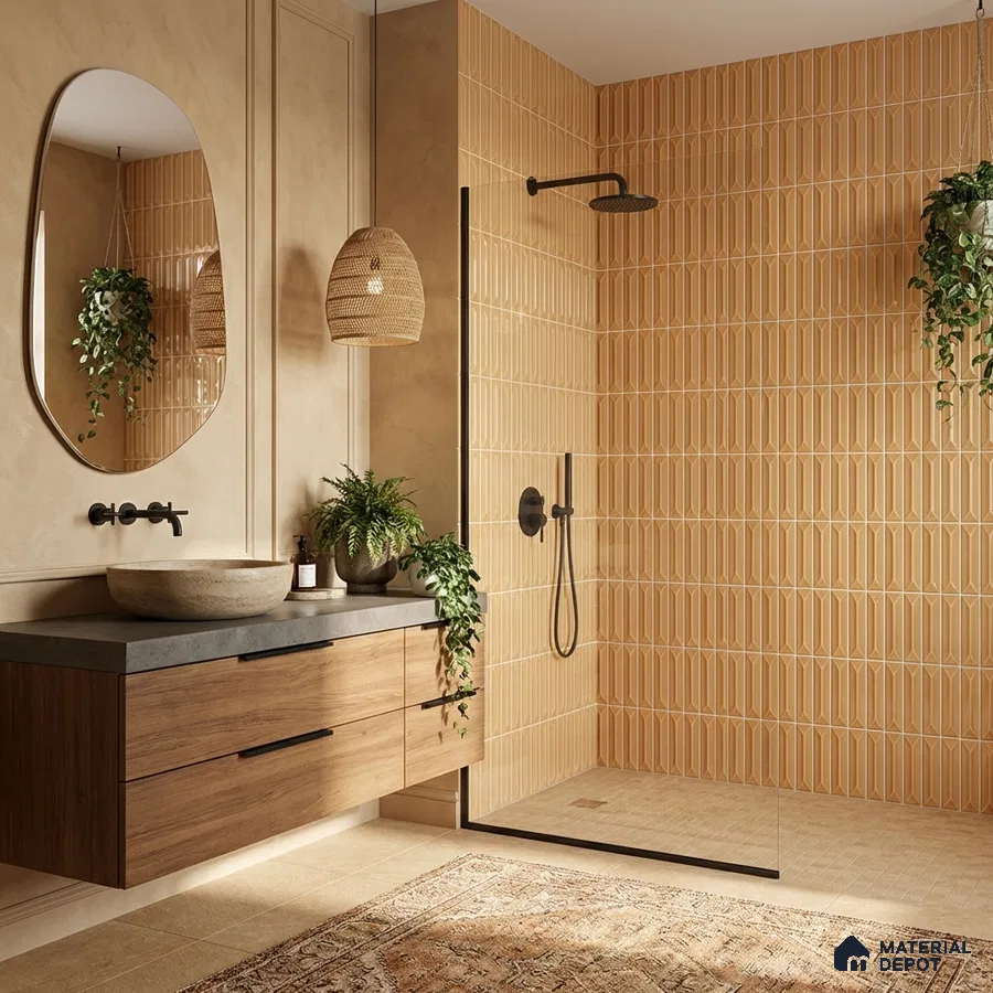 Scandinavian bathroom with beige geometric wall tiles, walnut wood vanity, and stone countertop