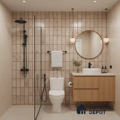 Scandinavian bathroom with beige grid wall tiles, light oak vanity, and matte black fixtures | Material Depot