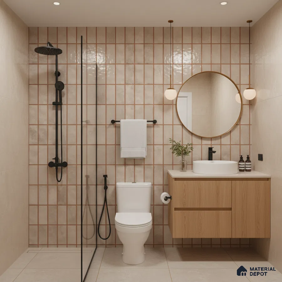 Scandinavian bathroom with beige grid wall tiles, light oak vanity, and matte black fixtures | Material Depot