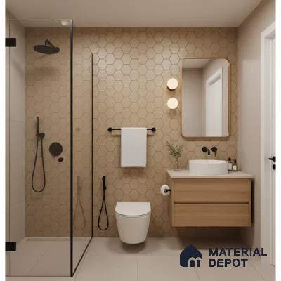 Scandinavian bathroom with beige hexagonal wall tiles and light oak floating vanity | Material Depot