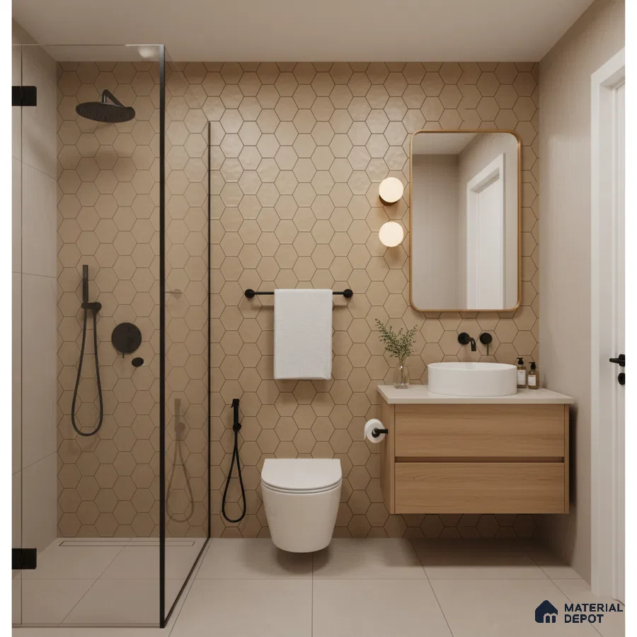 Scandinavian bathroom with beige hexagonal wall tiles and light oak floating vanity | Material Depot