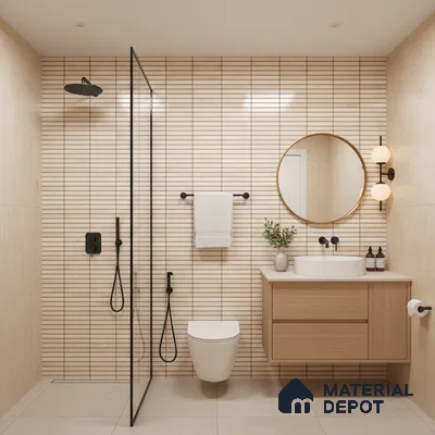 Scandinavian bathroom with beige kitkat wall tiles and light oak floating vanity | Material Depot