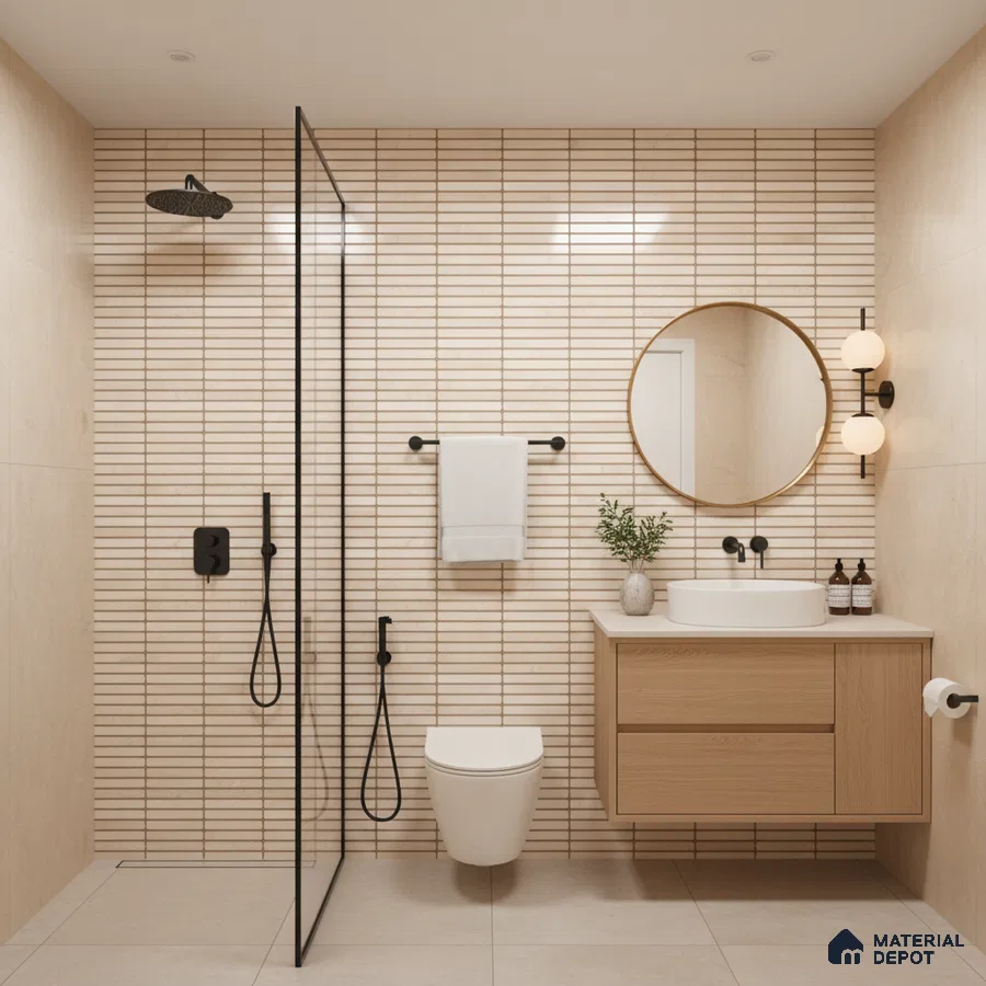 Scandinavian bathroom with beige kitkat wall tiles and light oak floating vanity | Material Depot