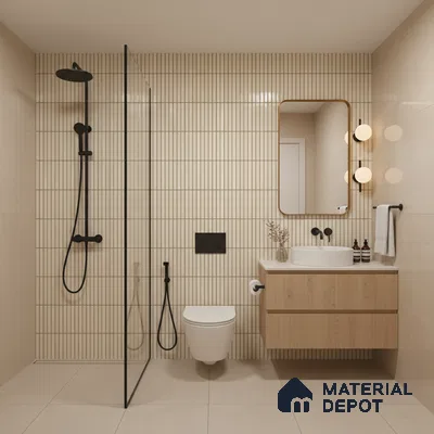 Scandinavian bathroom with beige kitkat wall tiles, light wood floating vanity, and matte beige floor tiles | Material Depot