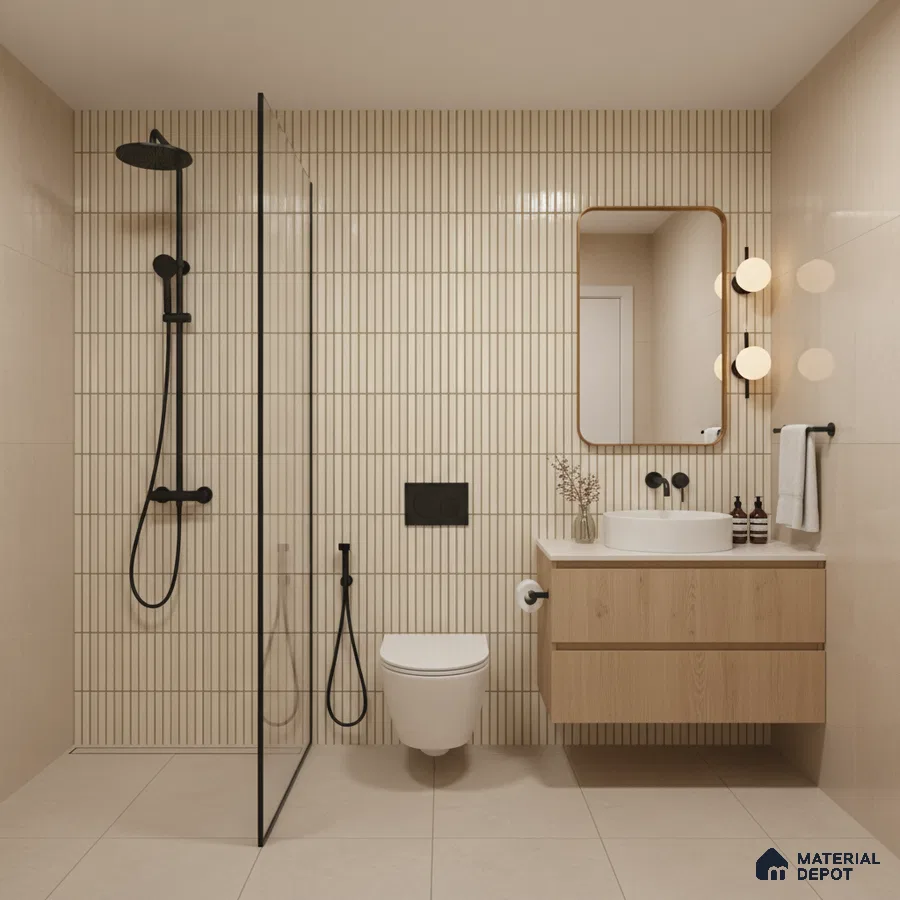 Scandinavian bathroom with beige kitkat wall tiles, light wood floating vanity, and matte beige floor tiles | Material Depot