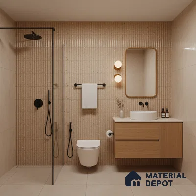 Scandinavian bathroom with beige kitkat wall tiles, light wood floating vanity, and matte beige floor tiles | Material Depot