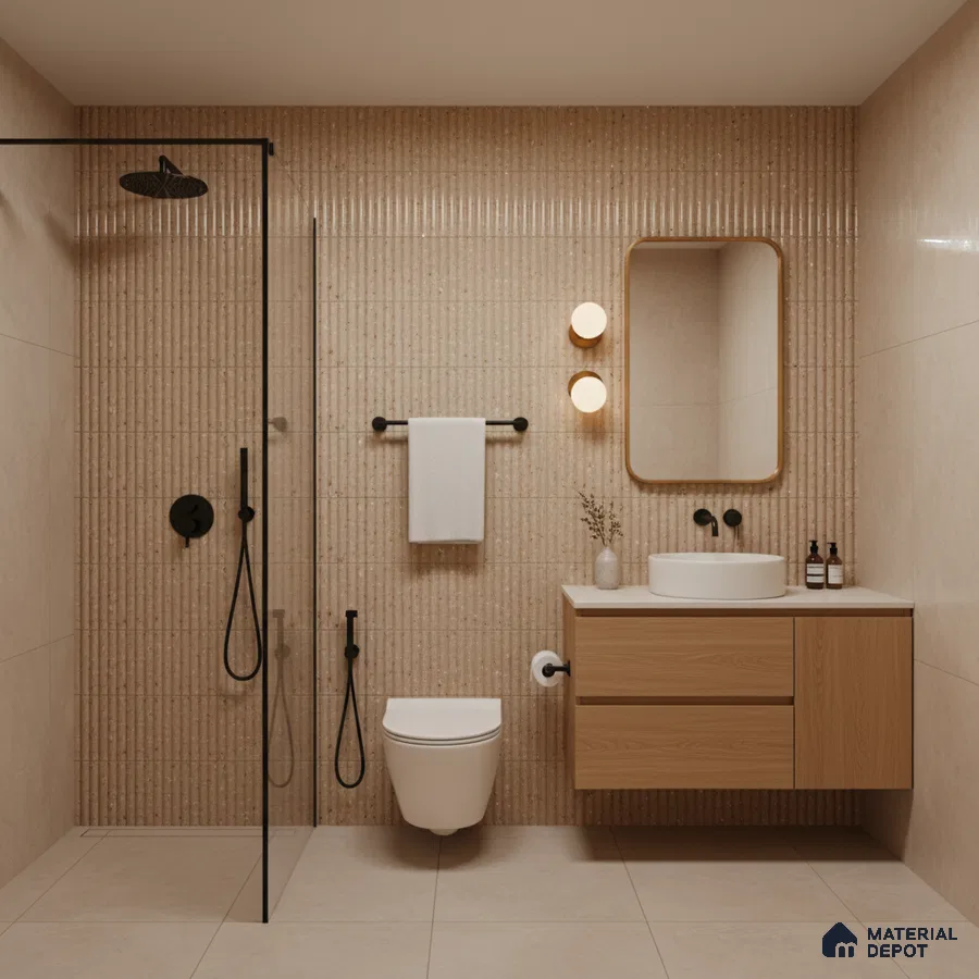 Scandinavian bathroom with beige kitkat wall tiles, light wood floating vanity, and matte beige floor tiles | Material Depot