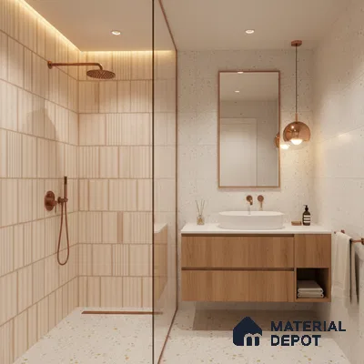 Scandinavian bathroom with beige kitkat wall tiles, terrazzo floor tiles, and oak wood floating vanity | Material Depot