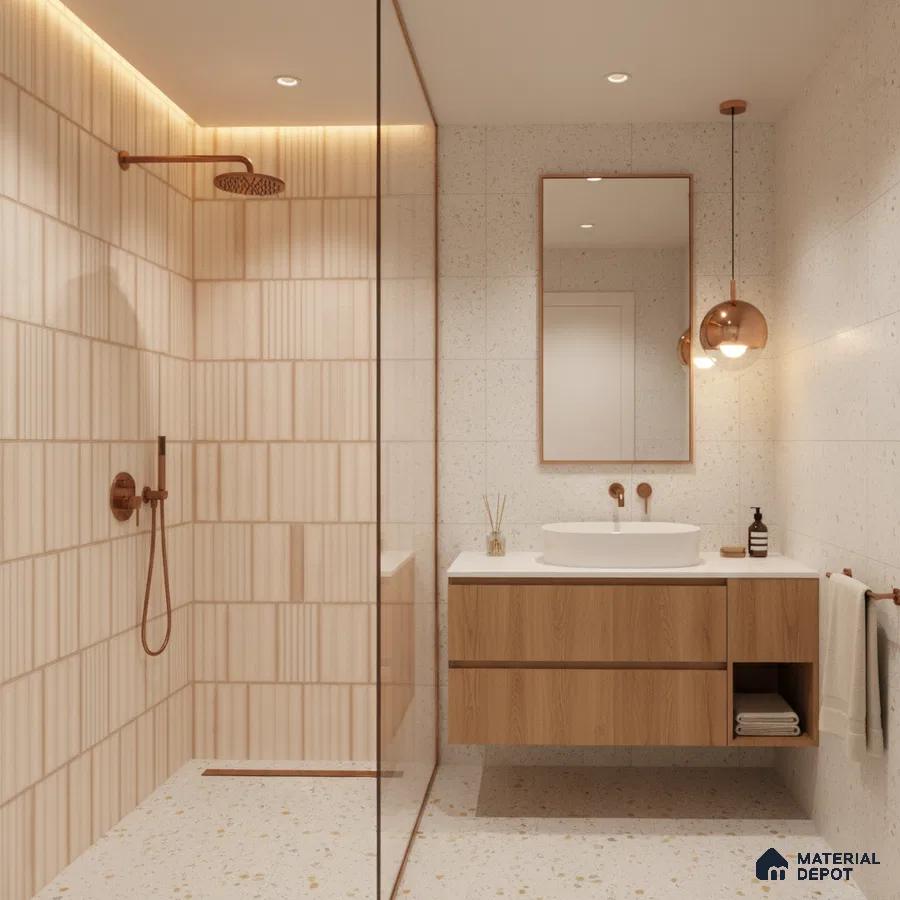 Scandinavian bathroom with beige kitkat wall tiles, terrazzo floor tiles, and oak wood floating vanity | Material Depot