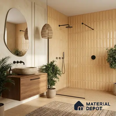 Scandinavian bathroom with beige kitkat wall tiles, wooden floating vanity, and stone basin