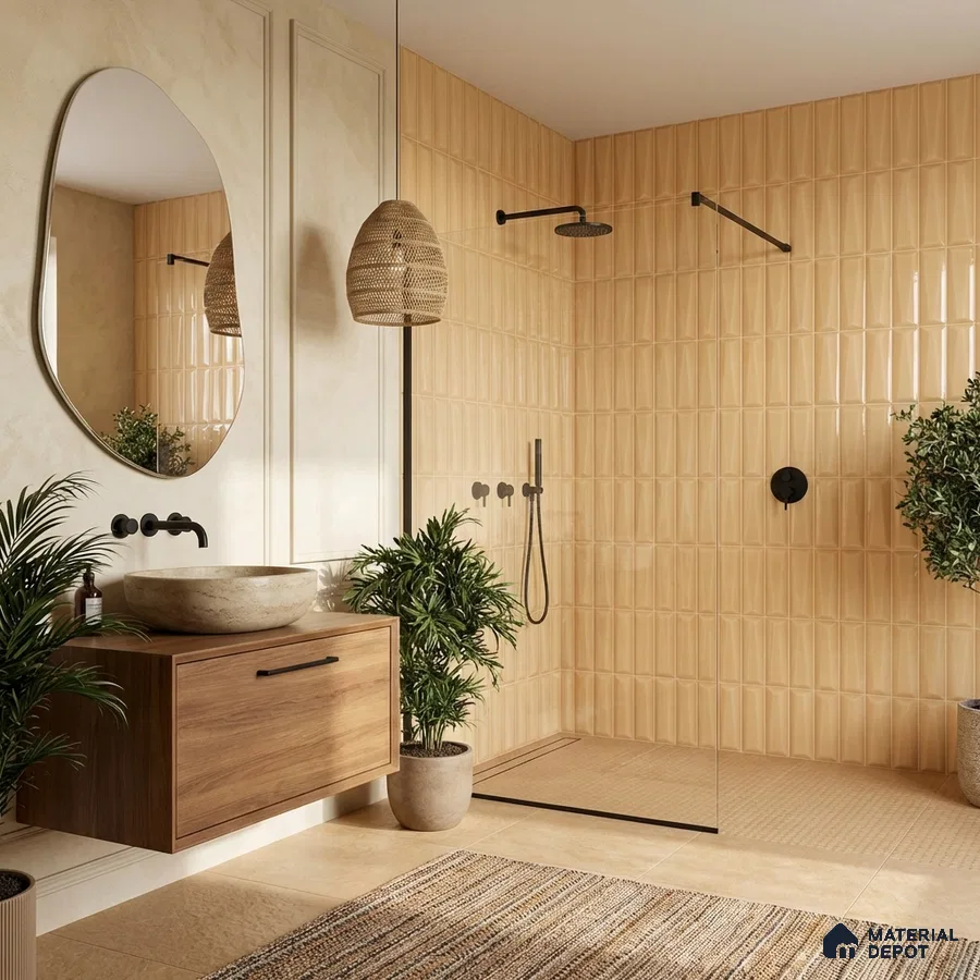 Scandinavian bathroom with beige kitkat wall tiles, wooden floating vanity, and stone basin