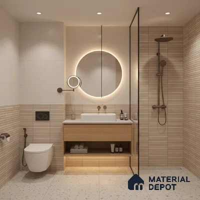 Scandinavian bathroom with beige linear wall tiles, terrazzo floor tiles, and light wood vanity | Material Depot