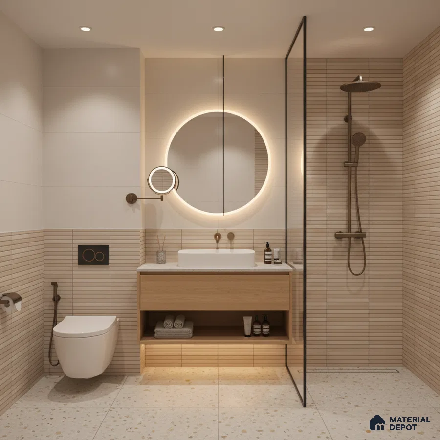 Scandinavian bathroom with beige linear wall tiles, terrazzo floor tiles, and light wood vanity | Material Depot