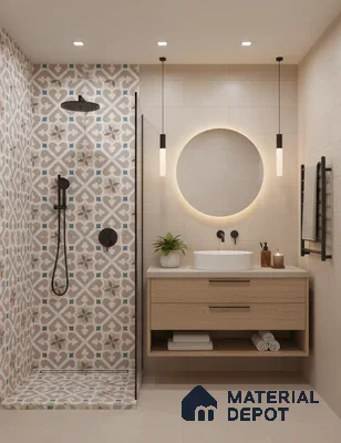 Scandinavian bathroom with beige patterned moroccan tiles, light wood floating vanity, and matte beige wall tiles in Bengaluru | Material Depot