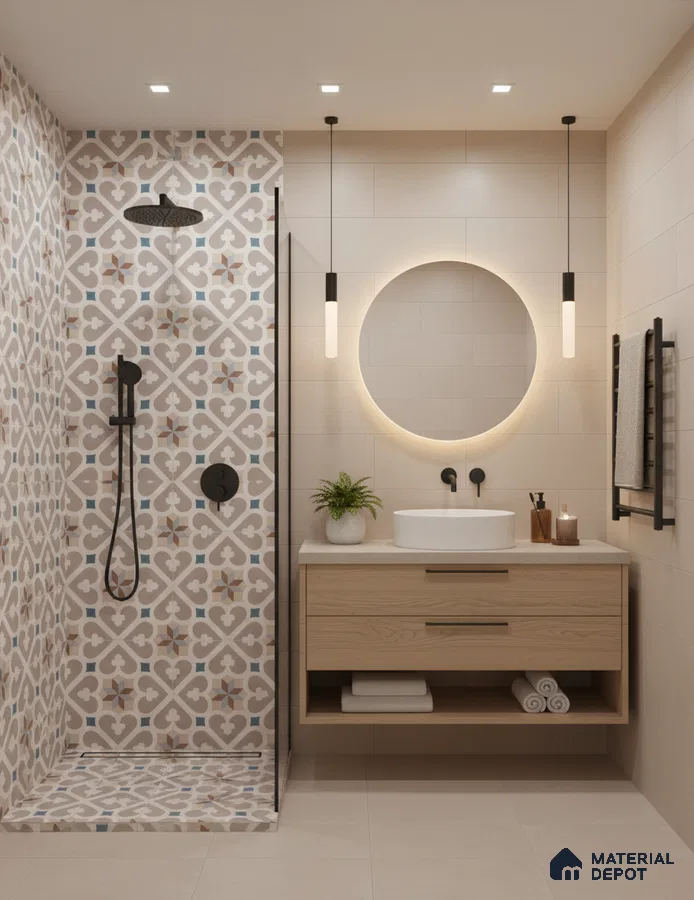 Scandinavian bathroom with beige patterned moroccan tiles, light wood floating vanity, and matte beige wall tiles in Bengaluru | Material Depot