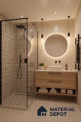 Scandinavian bathroom with beige patterned shower tiles, light wood floating vanity, and matte beige floor tiles in Bengaluru | Material Depot